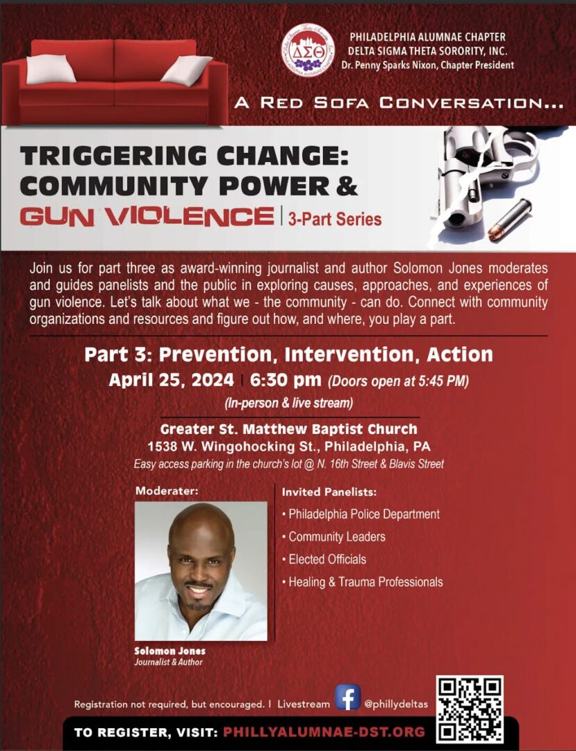 Promotional flyer for a community talk on gun violence intervention and prevention.